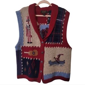 Eddie Bauer 1992 Vintage 100% Wool Old America Patriotic Womens Sweater Vest, XL